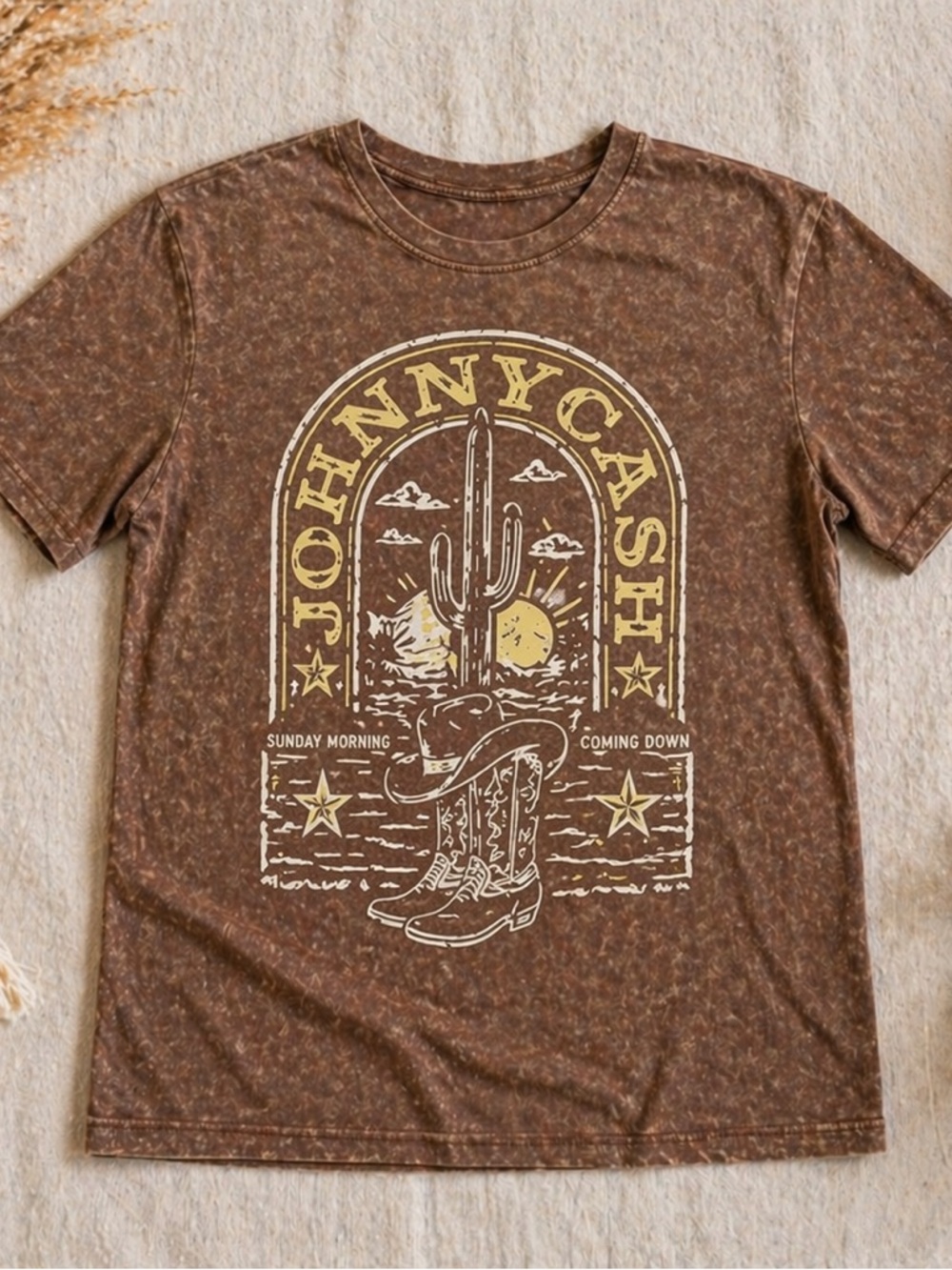 Johnny Cash Graphic Tee Small Vintage Wash Brown Western Country Band T Shirt